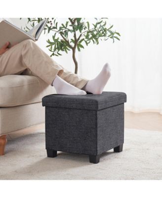 Foldable Tufted 15 Inch Square Linen Storage Ottoman with Legs