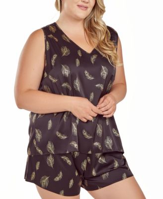 Plus Size Silky Tank Pajama Set in Feather Print
