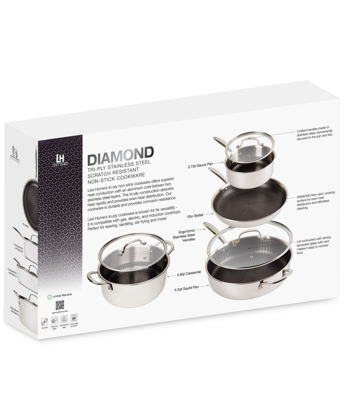 Saveur Selects Diamond Tri-ply Stainless Steel 7-pc. Cookware Set In Stainless Steel