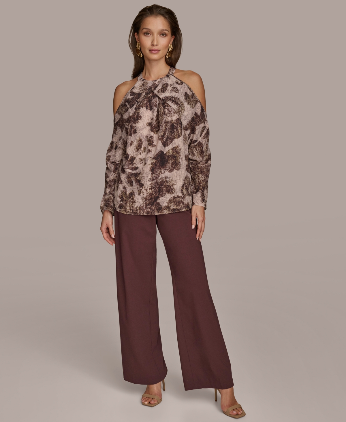 Donna Karan New York Women's Long Sleeve Printed Cold-Shoulder Top