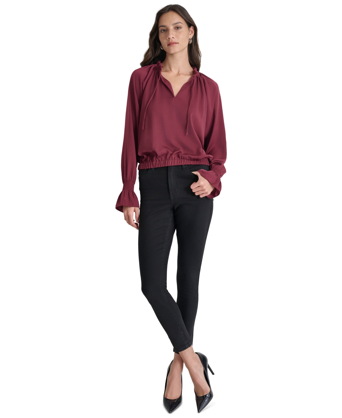 DKNY JEANS WOMEN'S SMOCKED-CUFF RAGLAN-SLEEVE BLOUSE 