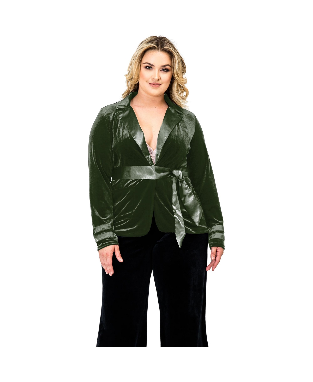 Plus Size Satin Belt Velvet Wrap Blazer - Pink rose
