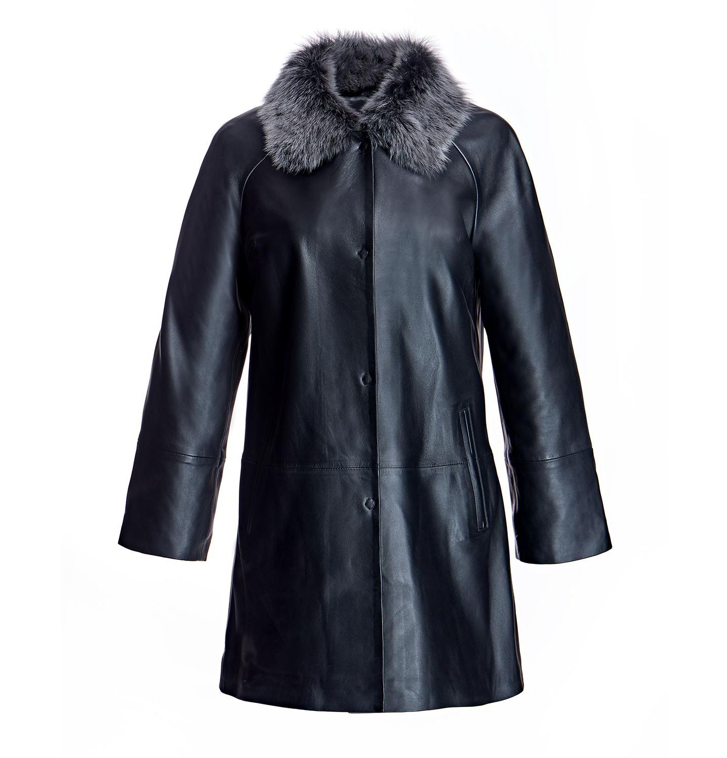 Женская куртка Julia & Stella By Maximilian Leather Jacket With Shearling Collar, цвет: Чёрный / Серый — фото 2