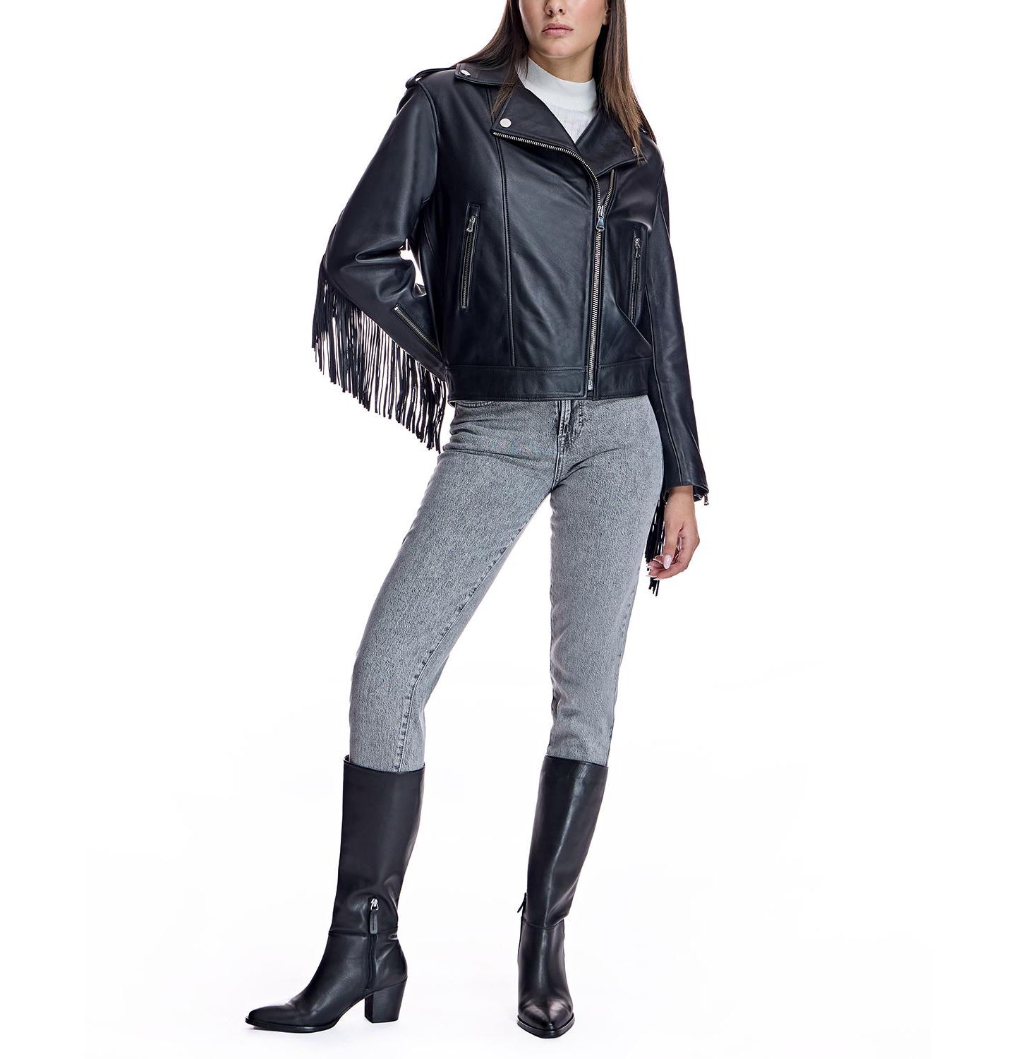 Женская куртка Julia & Stella By Maximilian Moto Jacket With Fringes, цвет: Чёрный — фото 3