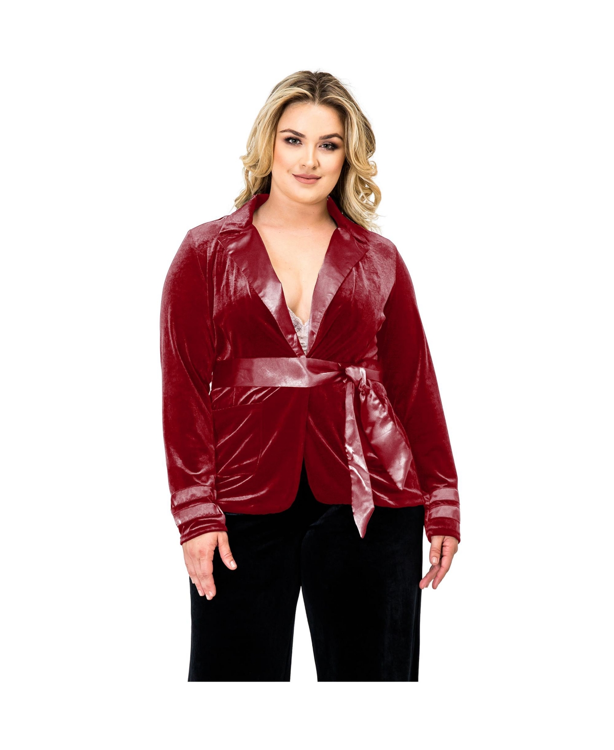 Plus Size Satin Belt Velvet Wrap Blazer - Pink rose
