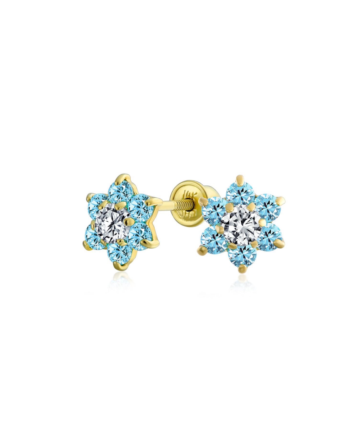 Bling Jewelry Tiny Light Blue Aqua Cz Flower Stud Earrings Cubic Zirconia 14K Gold Screw back