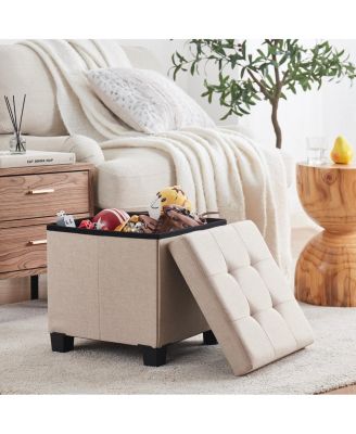 Foldable Tufted 15 Inch Square Linen Storage Ottoman with Legs