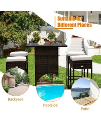 5 Pieces Patio Rattan Bar Furniture Set with Cushions and Hidden Storage Shelf