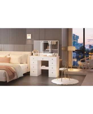 Pink Modern Makeup Vanity Desk 9-Drawers Wood Dressing Table with 3 Mirrors, Hidden Storage Shelves, LED Lighted Lights