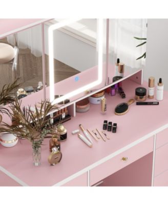 Pink Modern Makeup Vanity Desk 9-Drawers Wood Dressing Table with 3 Mirrors, Hidden Storage Shelves, LED Lighted Lights
