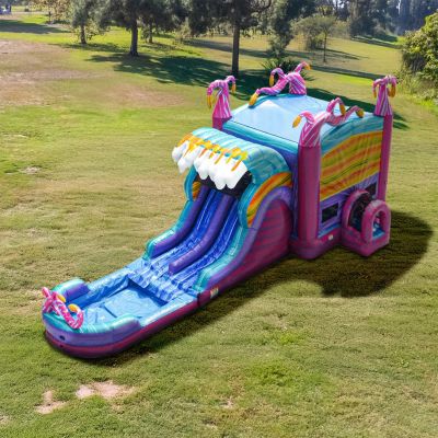 Mystery Jungle Commercial Grade Bounce House Water Slide with Dual Lane and Detachable Pool for Kids and Adults (with Blower), Tunnel Entrance, Basketball Hoop, Wet Dry, Obstacle Pop Ups