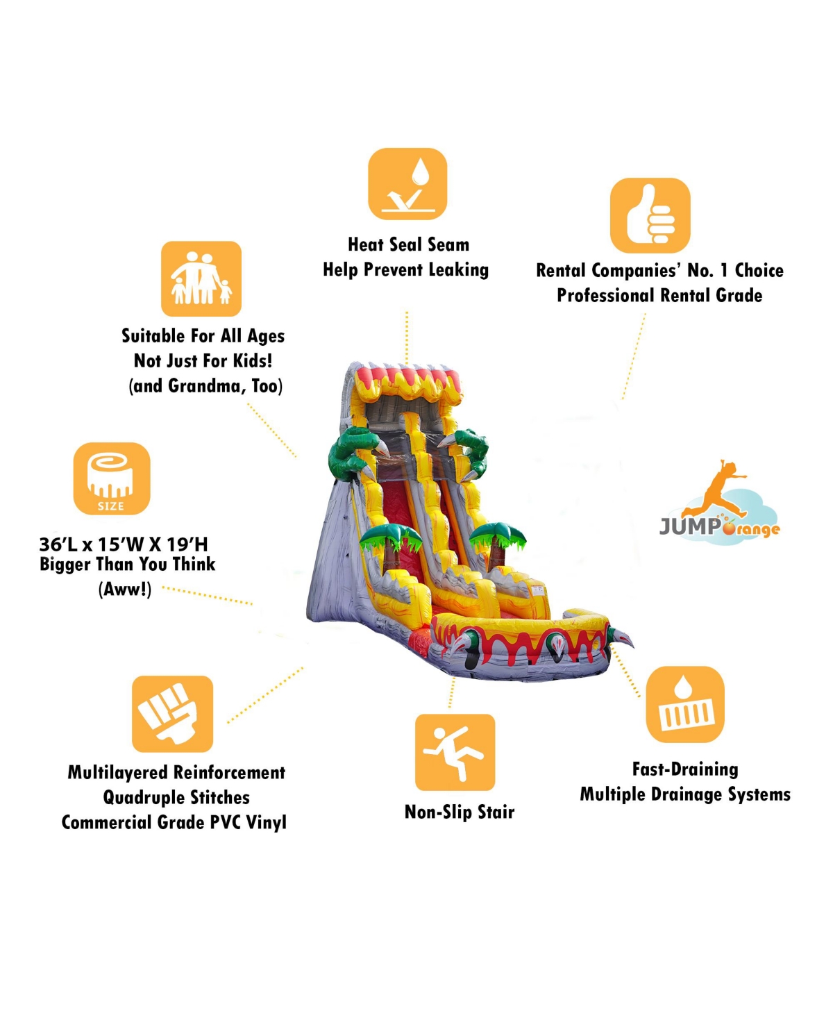 JumpOrange 19 T-Rex Commercial Grade Water Slide with Splash Pool for Kids and Adults (with Blower), Outdoor Indoor, Wet Dry Use, Tall Inflatable - Op
