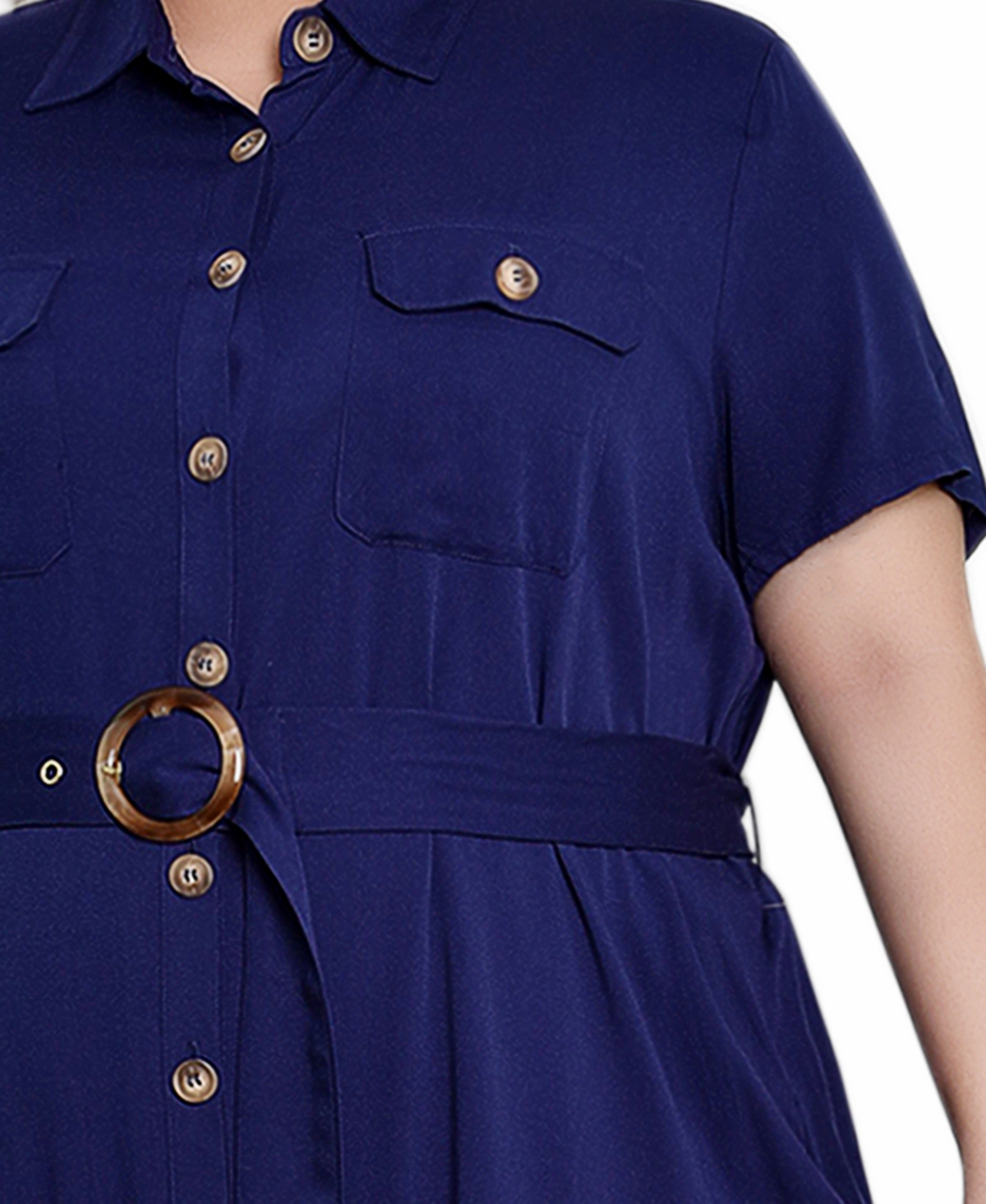 Ny Collection Plus Size Short Sleeve Midi Twill Dress In Navy