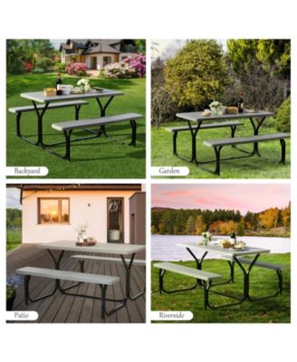 Outdoor Picnic Table Bench Set with Metal Base
