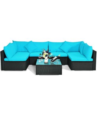 7 Pieces Sectional Wicker Furniture Sofa Set with Tempered Glass Top-Blue