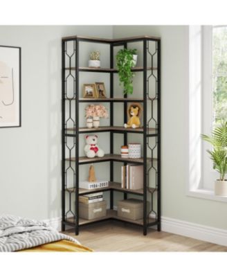 Corner Shelf, 7-Tier Industrial Corner Bookshelf, Wood and Metal Corner Etagere Bookcase, Freestanding Display Shelf for Living Room