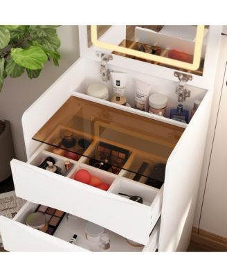 White Makeup Vanity Sets Dressing Chest with Flip-top Mirror, 3-Drawers, See-Through Glass Top, LED Lights and Stool