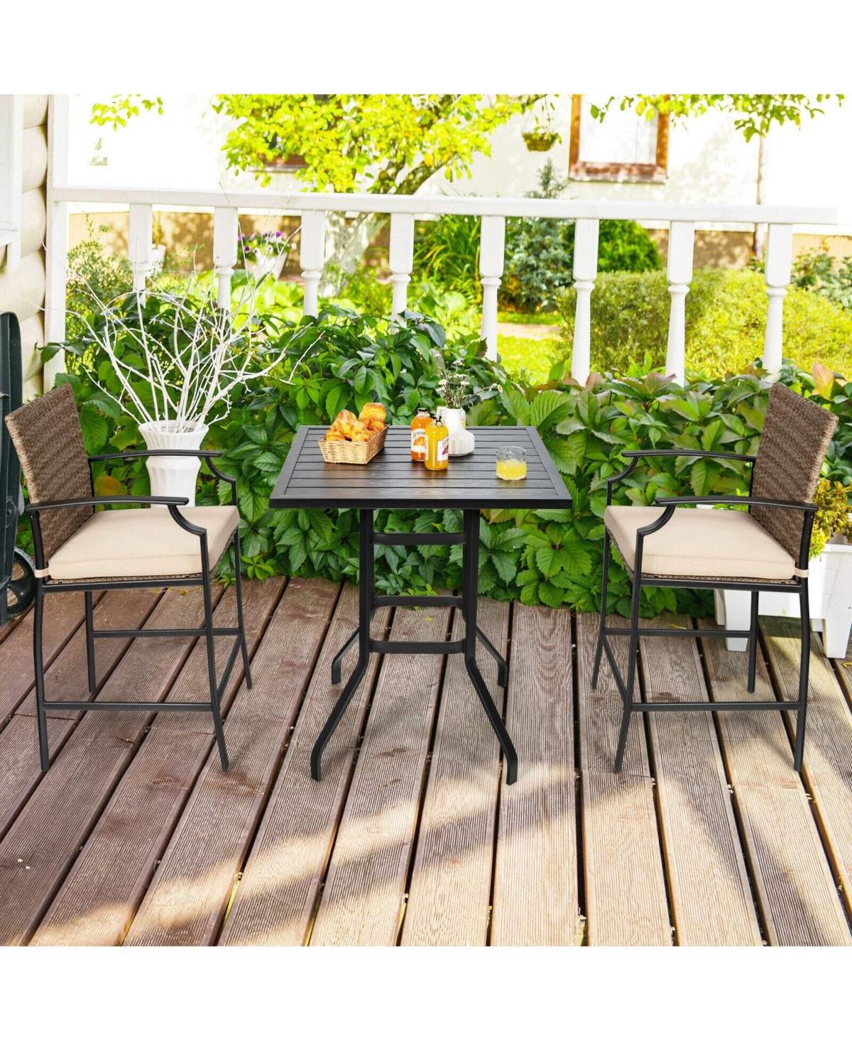Sugift Patio Rattan Bar Stools Set of 4 with Soft Cushions -khaki