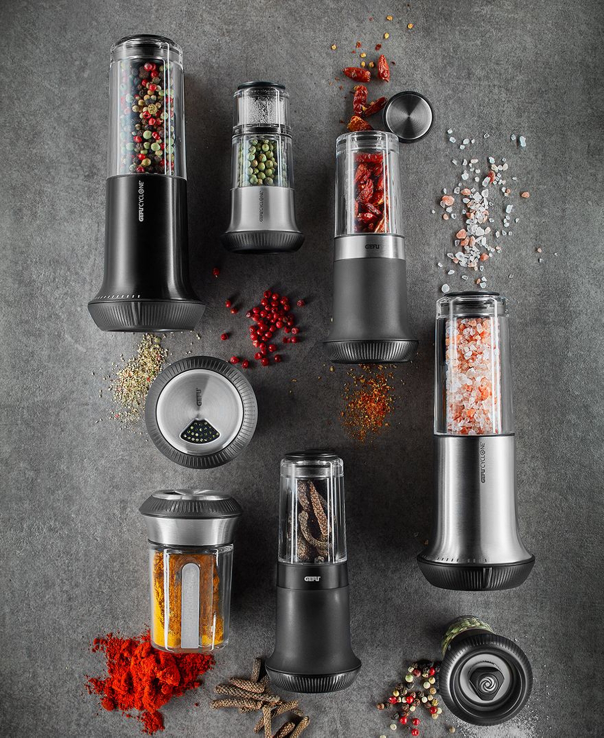 Gefu Stainless Steel With Ceramic Grinder Black Finish Small Pepper Mill With Salt Shaker In Black