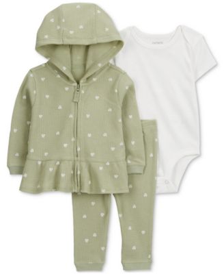 Carter's - Baby Girls 3-Pc. Heart Thermal Cardigan, Bodysuit & Pants Set