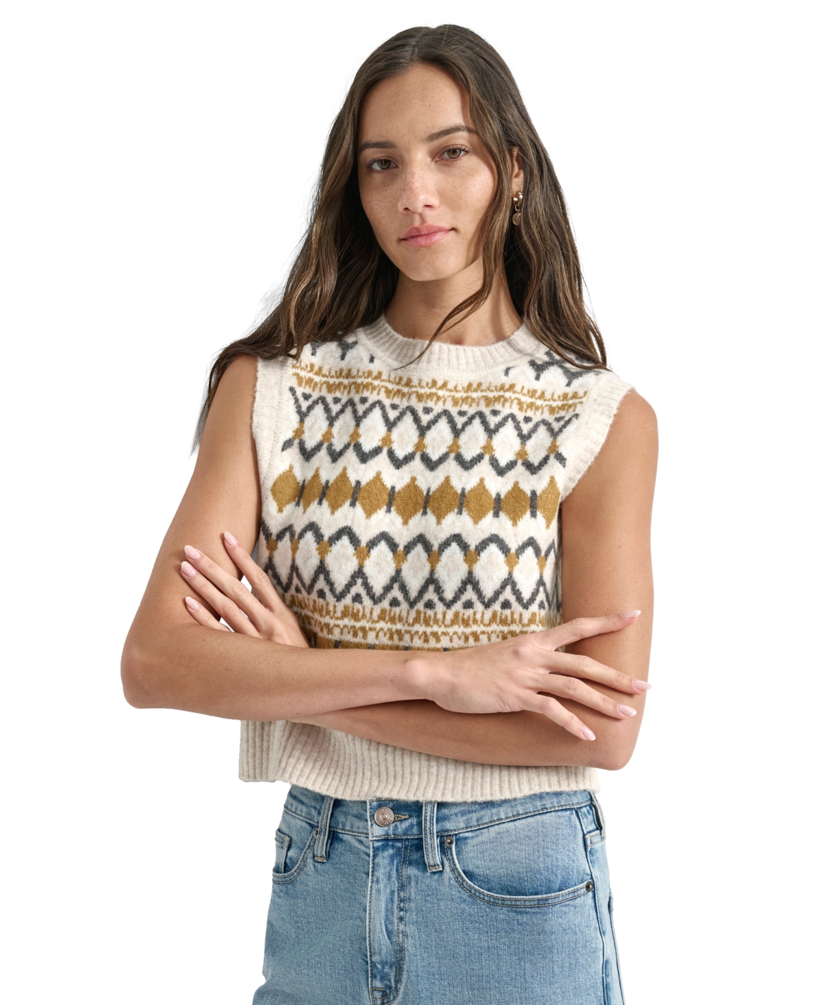 Dkny Jeans Women's Fair Isle Crewneck Sweater Vest - C3E - CORT HTR COMBO
