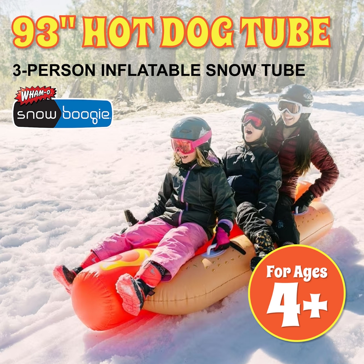 Snowboogie 93" Hot Dog Snow Tube, 3-Person Inflatable Snow Tube with Reinforced Handles, Durable Pvc Vinyl Snow Tube for Winter Snow Sledding Spo