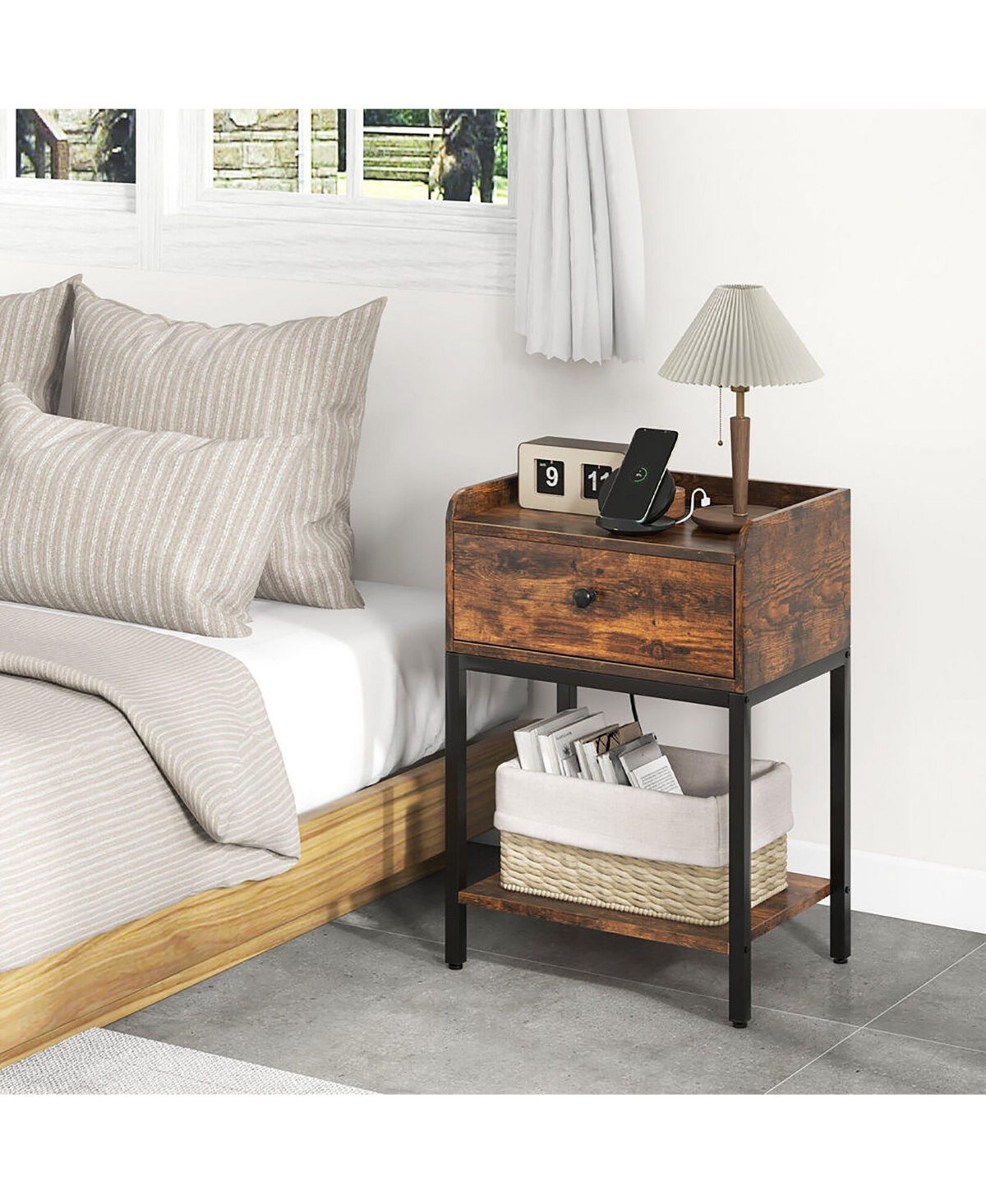 Gymax Nightstand Side End Table w/ Charging Station Drawer Open Shelf for Space - Rustic brown+black