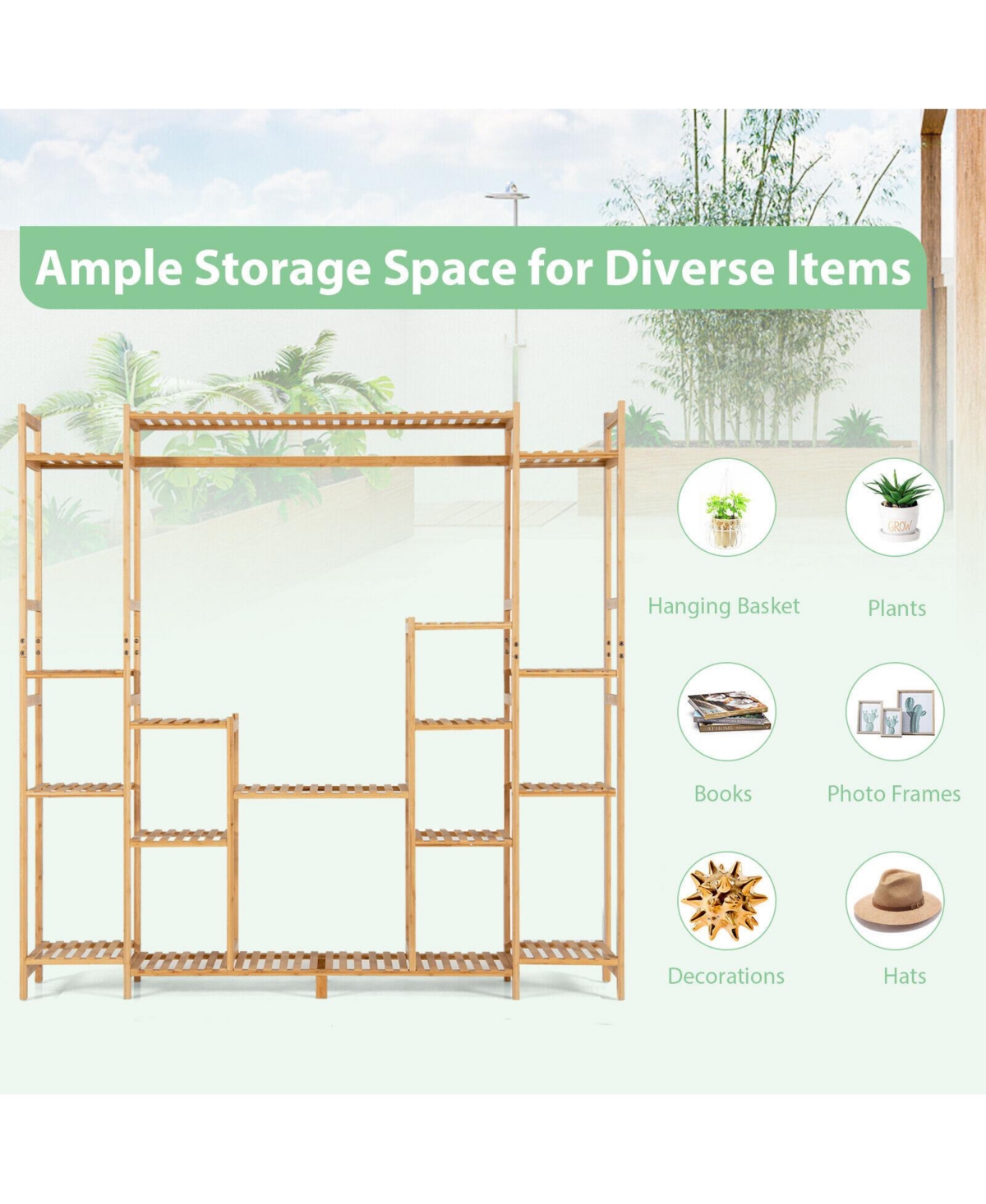 Skonyon 9-Tier Bamboo Plant Stand with Hanging Rack