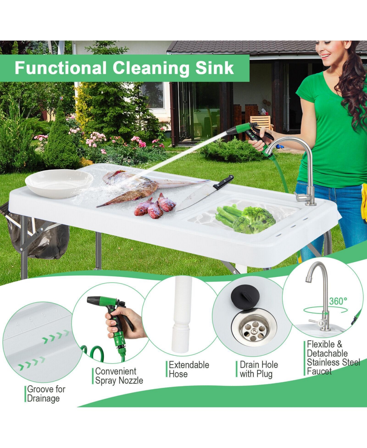 Sugift Portable Camping Fish Cleaning Table with Grid Rack and Faucet