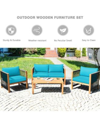 4 Pieces Acacia Wood Sofa Set with Cushions for Outdoor Patio-Blue