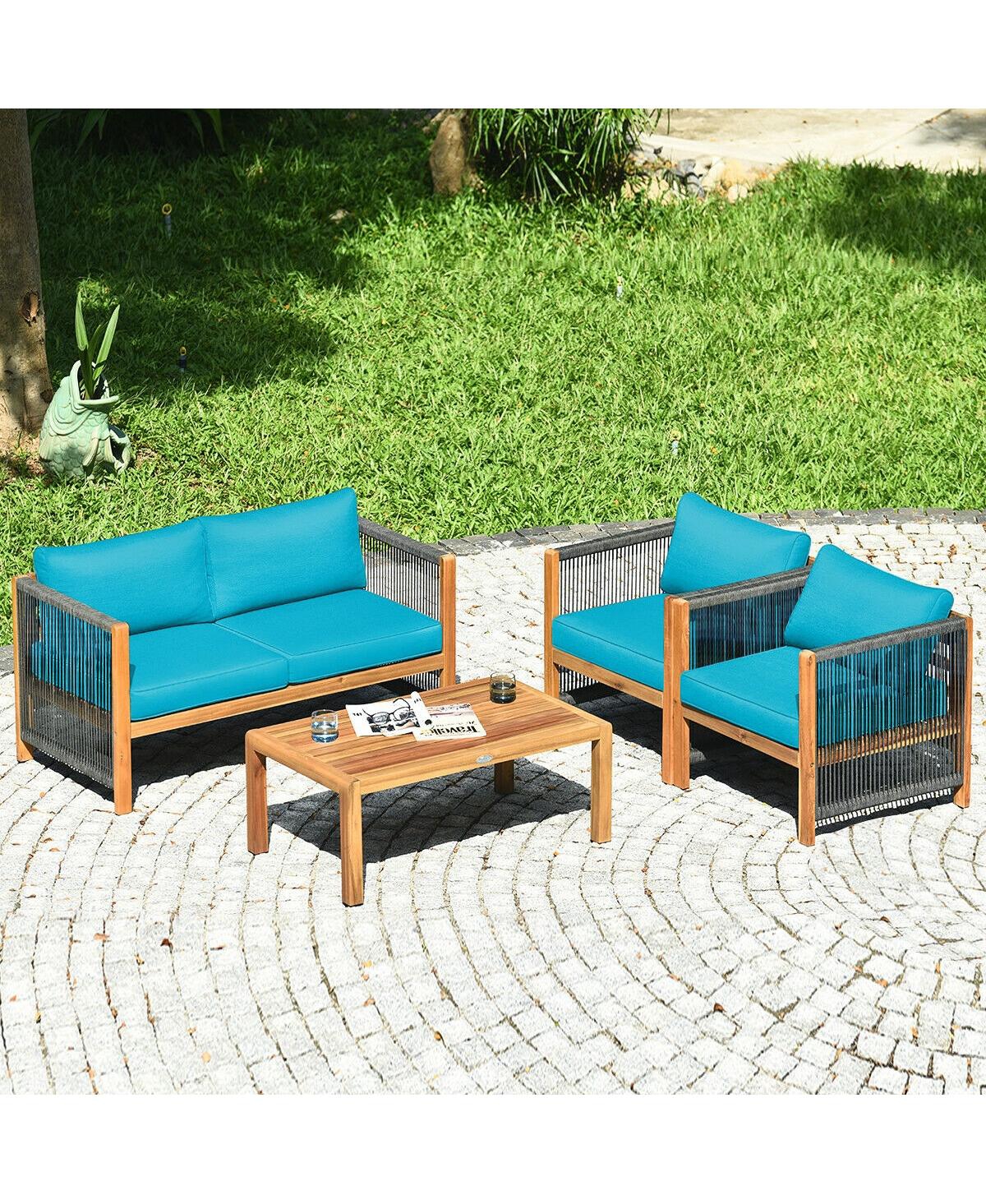 Sugift 4 Pieces Acacia Wood Sofa Set with Cushions for Outdoor Patio- Blue