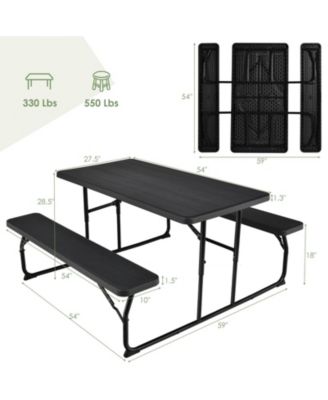 Folding Picnic Black Table Bench Set with Wood-like Texture