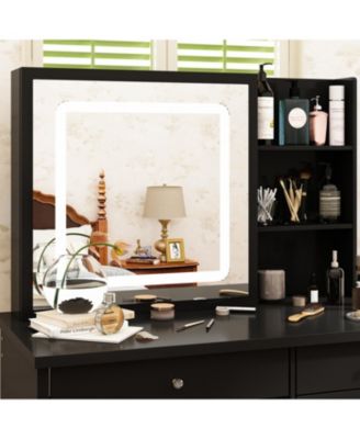 5-Drawers Black Wood LED Push-Pull Mirror Makeup Vanity Sets Dressing Table Sets with Stool and 3-Tier Storage Shelves