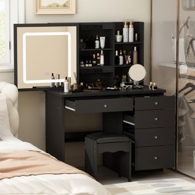 5-Drawers Black Wood LED Push-Pull Mirror Makeup Vanity Sets Dressing Table Sets with Stool and 3-Tier Storage Shelves