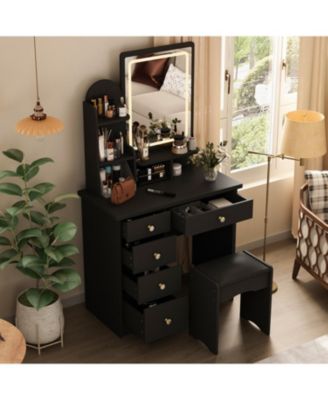 5-Drawers Pink Makeup Vanity Sets Dressing Table Sets with Stool, Mirror, LED Light and 3-Tier Storage Shelves