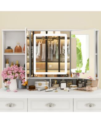 White Makeup Vanity Table Dressing Desk 3-Mirrors,LED Lighted, 9-Drawers, Hidden Storage Shelves, Carved Metal Handles