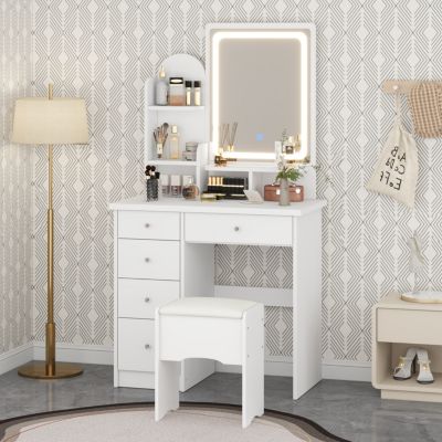5-Drawer Vanity Set with LED Mirror, Cushioned Stool, and 3-Tier Storage Shelves – Pink MDF Dressing Table