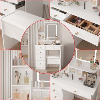 5-Drawer Vanity Set with LED Mirror, Cushioned Stool, and 3-Tier Storage Shelves – Pink MDF Dressing Table