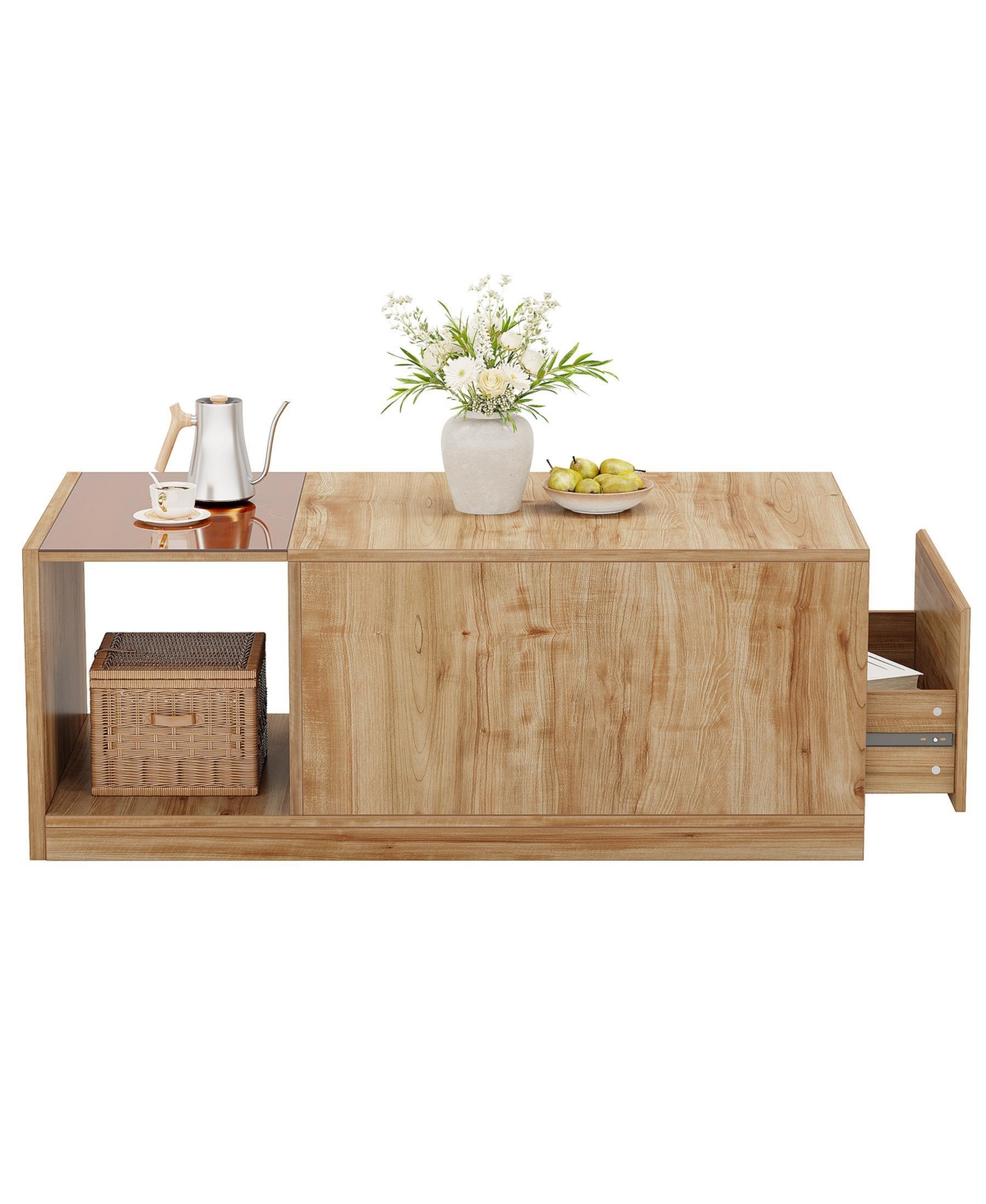 Tribesigns 47.24-Inch Coffee Table with Drawer & Storage Shelf, Farmhouse Coffee Table with Tawny Glass, Wood Center Table for Living Room, Modern Hom