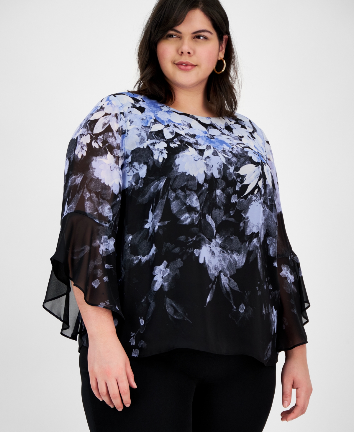 Plus Size Cascading Floral Ruffle-Sleeve Blouse - Black Multi