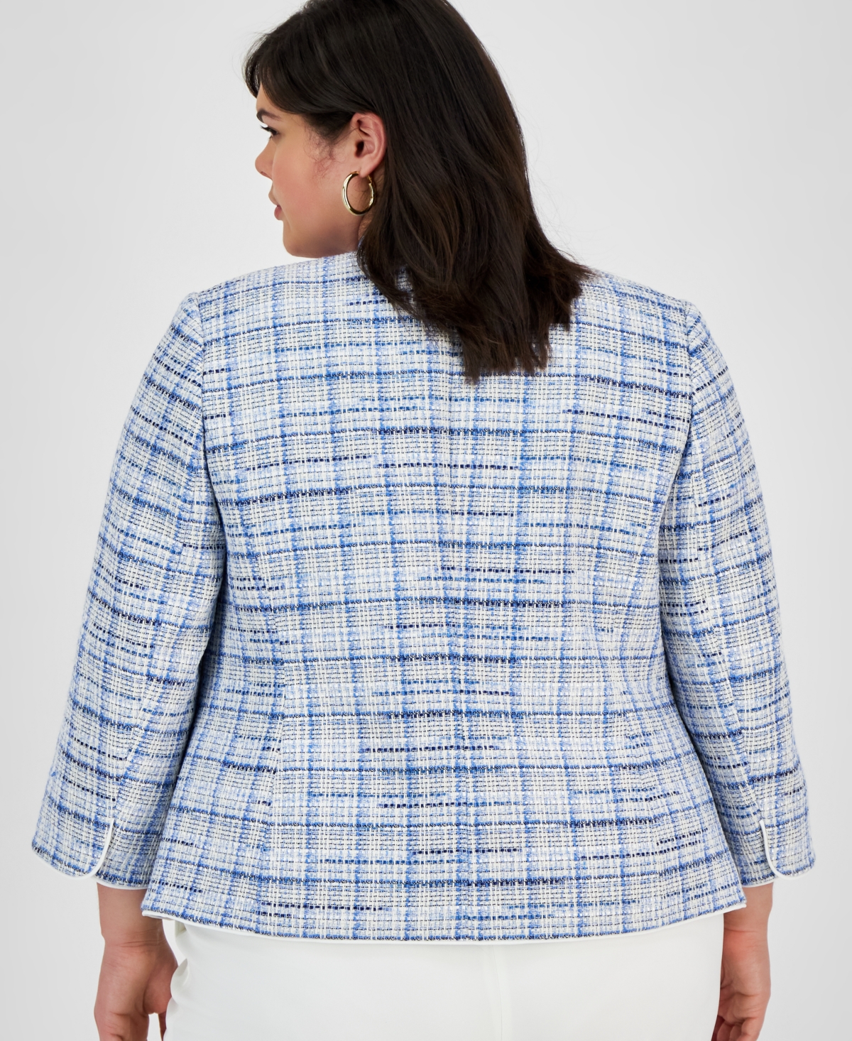Kasper Plus Size Tweed Piping-trim Open-front Blazer In California Sky Multi