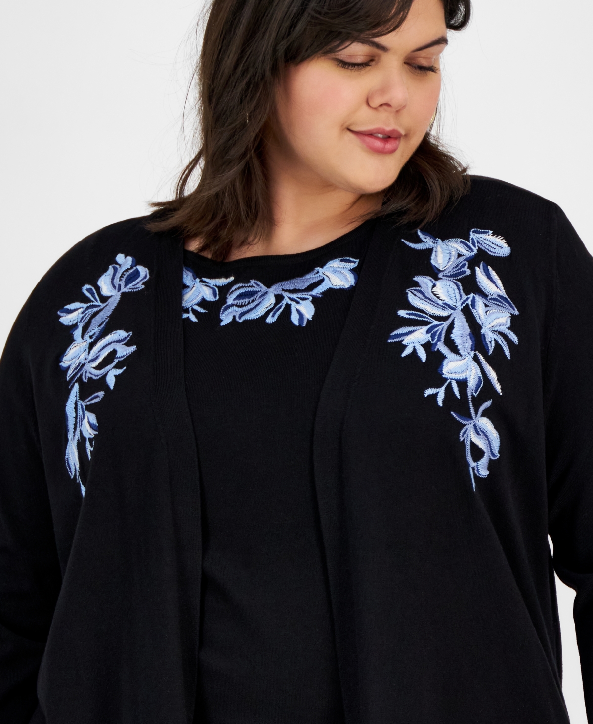 Kasper Plus Size Embroidered Open-front Cardigan In Black