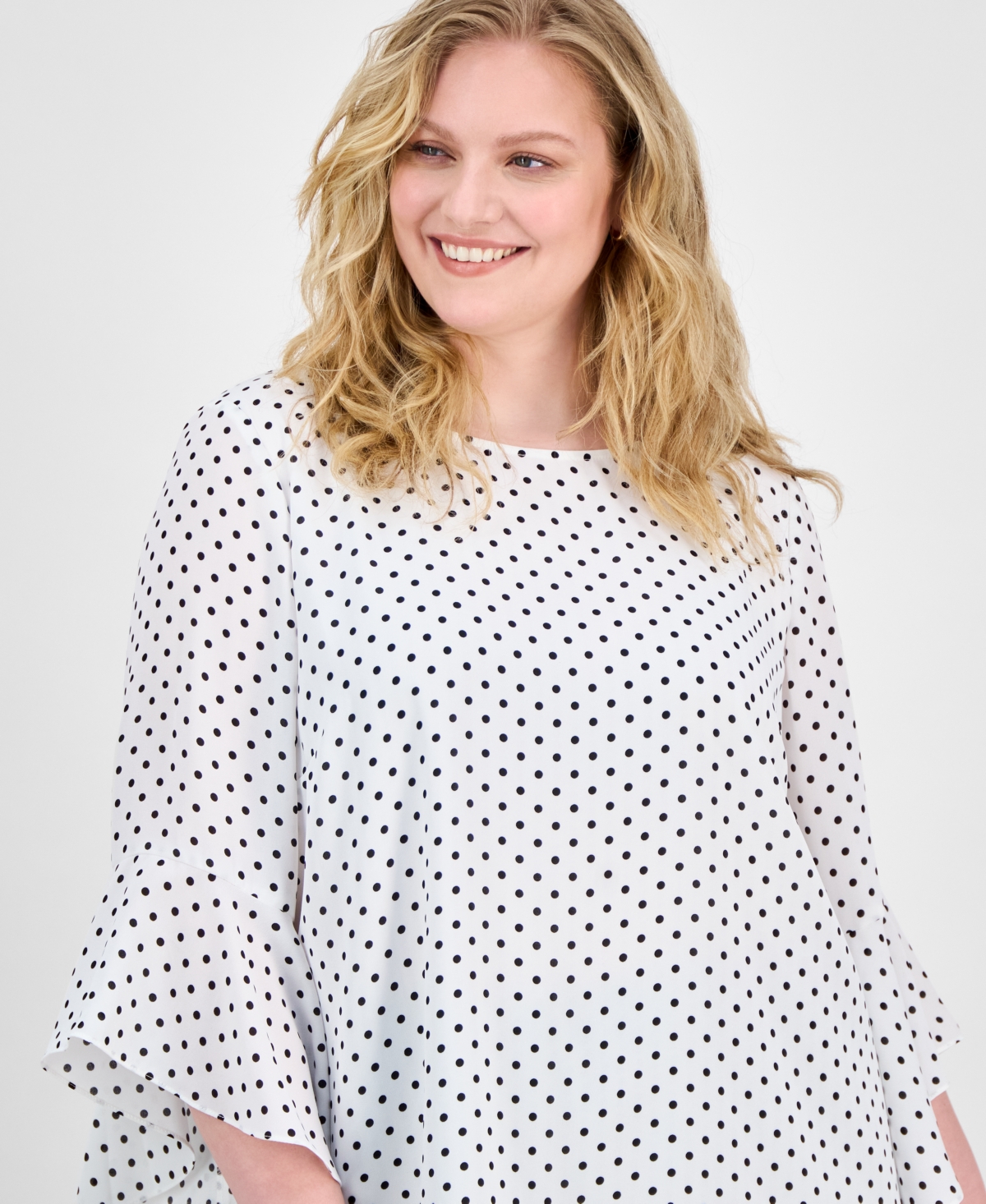 Kasper Plus Size Polka-dot Ruffle-sleeve Blouse In White,black