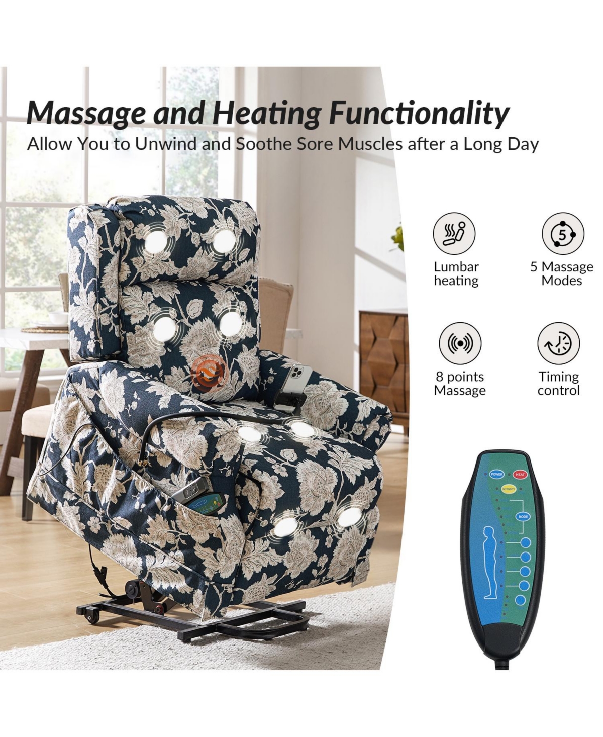 Hulala Home Ruprecht Farmhouse Lift Assist Power Recliner with Massage Heat and Manual Headrest