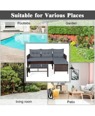 3 Pieces Outdoor Patio Corner Rattan Sofa Set-Grey