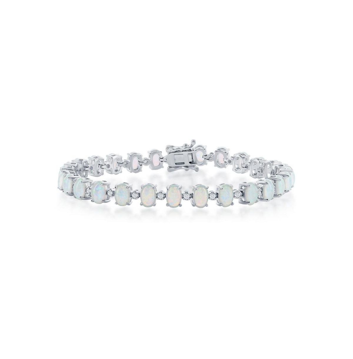 Sterling Silver Alternating Synthetic Oval Opal &Small Cz Tennis Bracelet - White