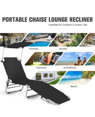 Black 5-Position Adjustable Outdoor Recliner Chair with Canopy Shade