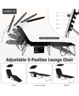 Black 5-Position Adjustable Outdoor Recliner Chair with Canopy Shade