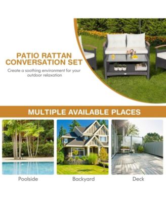 4 Pieces Patio Rattan Furniture Set with Cushioned Sofa and Storage Table