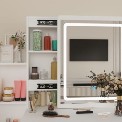 4-Drawer Vanity Set – Wood Makeup Table with LED Sliding Mirror, Stool, Cabinet & Shelves